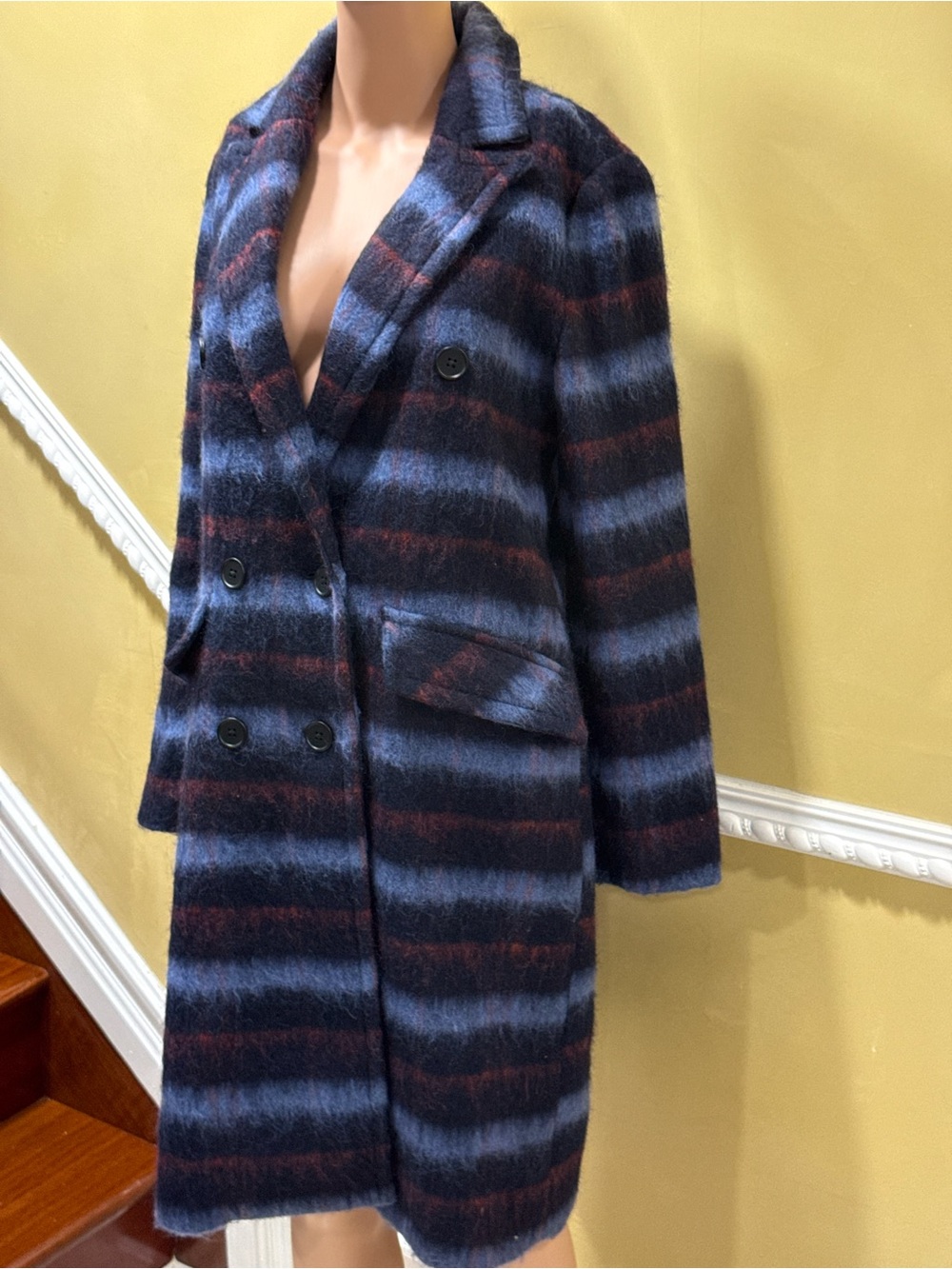 BCBGeneration Striped Double-Breasted Trench Coat in Navy and Burgundy